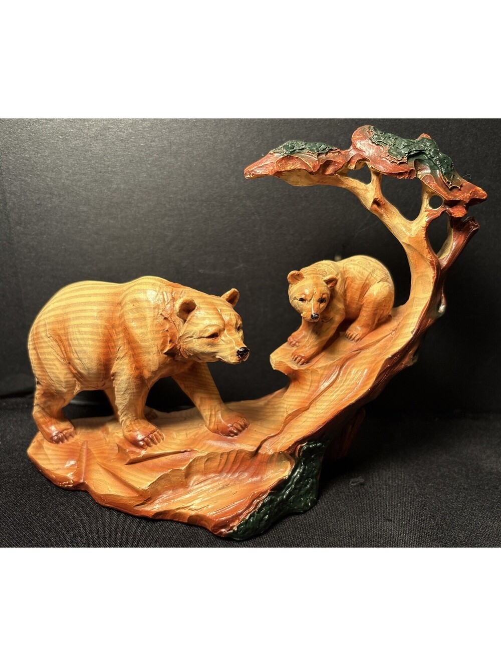 Rustic Faux Wood Wildlife Momma Grizzly Bear w/ Cub Roaming The Forests Figurine